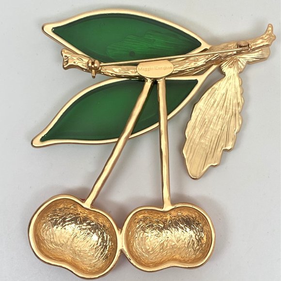 Stunning Enamel Red Cherries, Green Glass & Crystal Rhinestones Pin Brooch - Picture 5 of 7